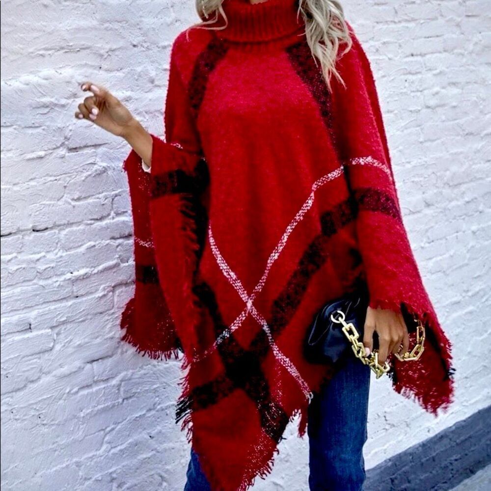 NWT Gorgeous OS Plaid Red Black Turtleneck Fringe Ruana Cape Poncho with Sleeve